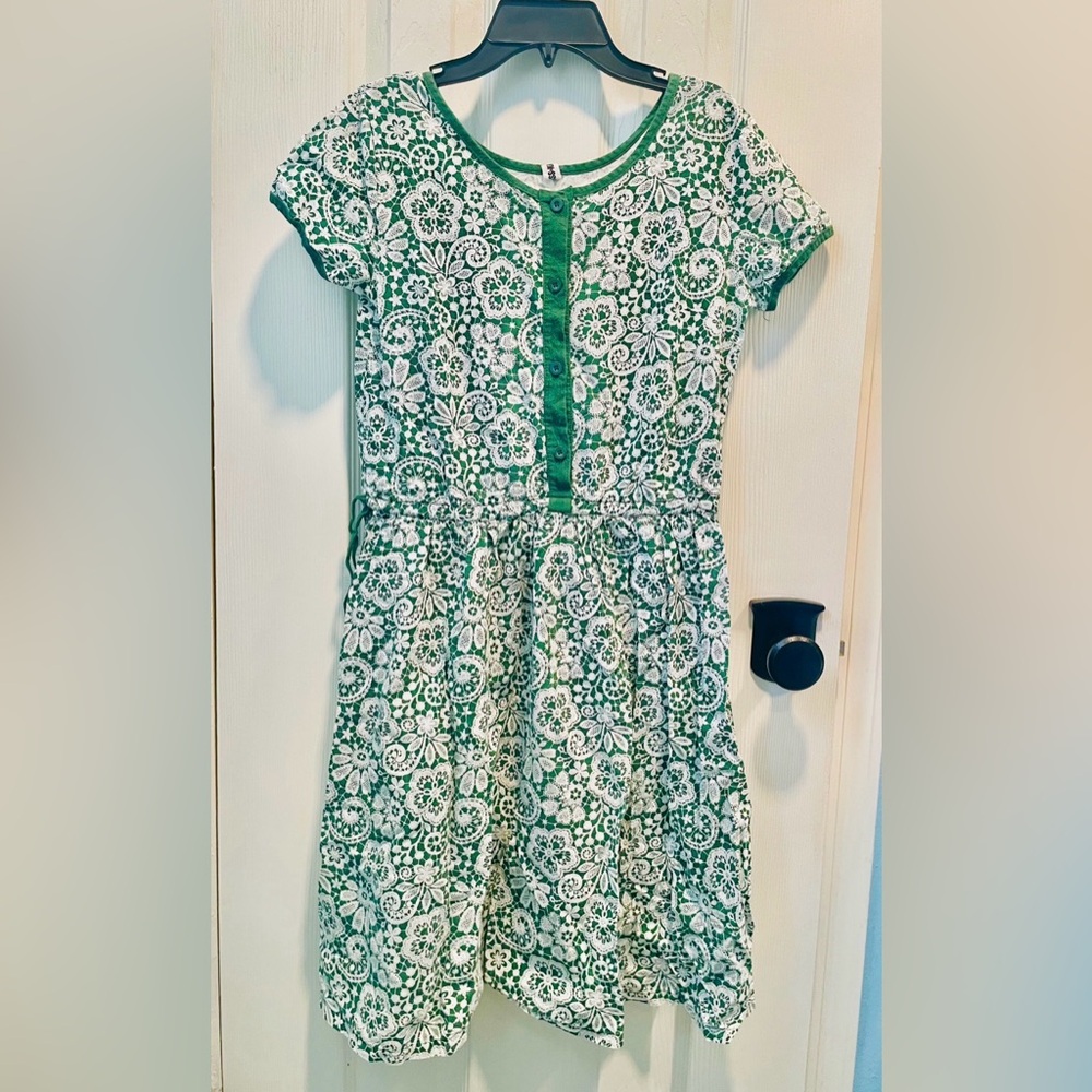 Cute Girls' Green & White Lace-Print Short Sleeve Dress